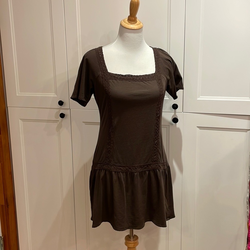 Jersey tunic top, pleated mini dress, bohemian, short sleeve, size small